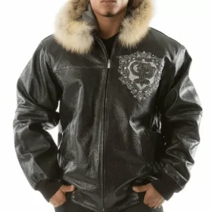 Pelle Pelle Black PP Crest Fur Hood Leather Jacket | Pelle Pelle Jacket view 2